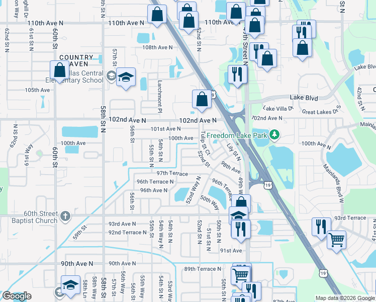 map of restaurants, bars, coffee shops, grocery stores, and more near 5261 99th Terrace in Pinellas Park