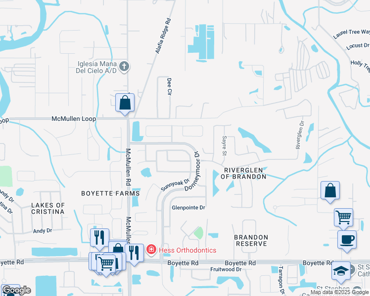 map of restaurants, bars, coffee shops, grocery stores, and more near 9328 Sunnyoak Drive in Riverview