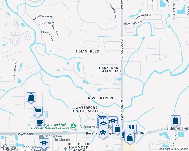 map of restaurants, bars, coffee shops, grocery stores, and more near 5108 Dunham Creek Place in Brandon