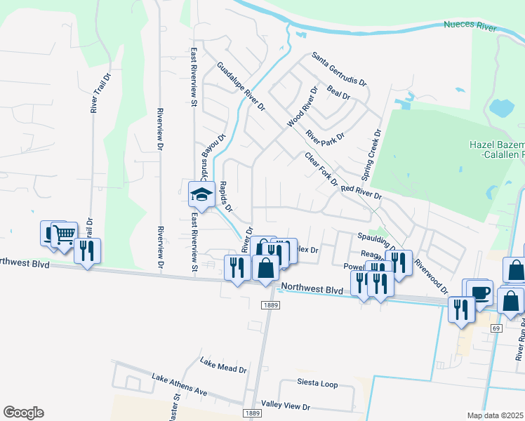 map of restaurants, bars, coffee shops, grocery stores, and more near 4133 Petronila Creek Court in Corpus Christi