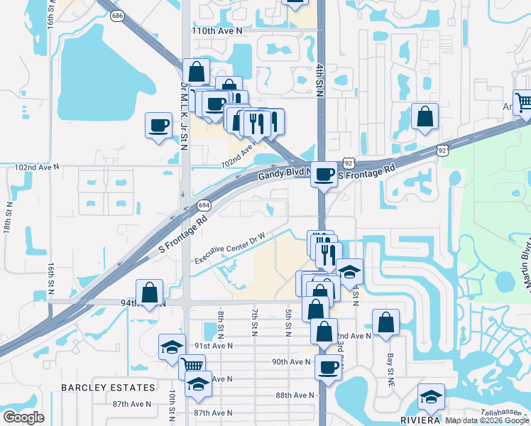 map of restaurants, bars, coffee shops, grocery stores, and more near 657 99th Avenue North in St. Petersburg