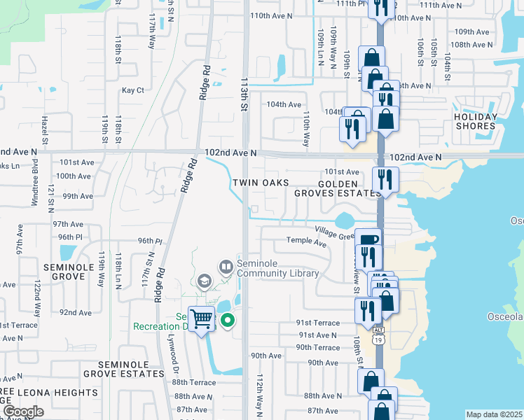 map of restaurants, bars, coffee shops, grocery stores, and more near 9851 113th Street in Seminole