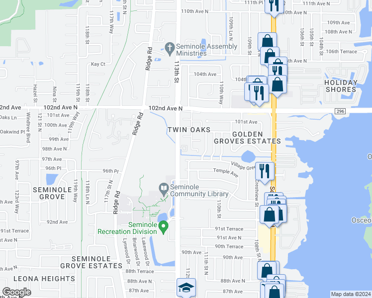 map of restaurants, bars, coffee shops, grocery stores, and more near 9851 113th Street in Seminole