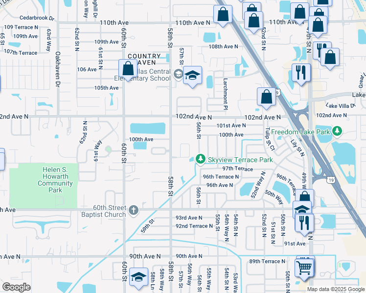 map of restaurants, bars, coffee shops, grocery stores, and more near 9943 57th Way in Pinellas Park