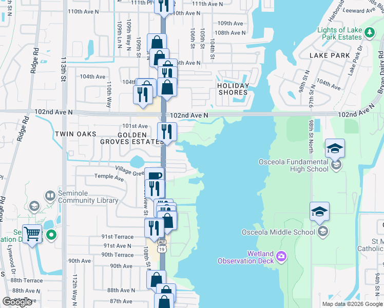 map of restaurants, bars, coffee shops, grocery stores, and more near 9847 Seminole Boulevard in Seminole