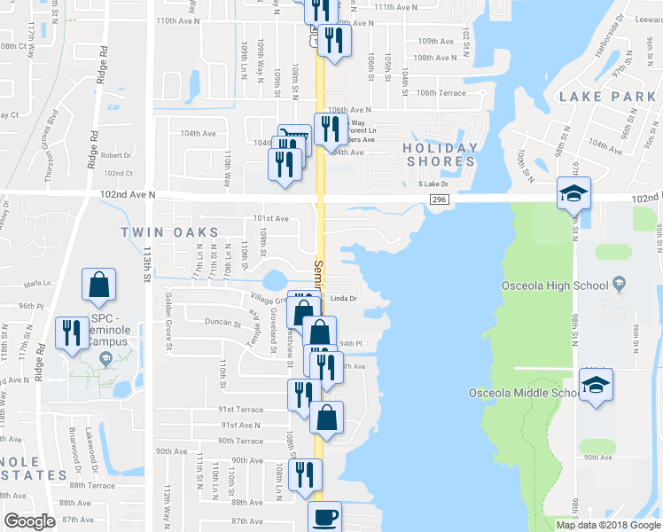 map of restaurants, bars, coffee shops, grocery stores, and more near 9911 Seminole Boulevard in Seminole