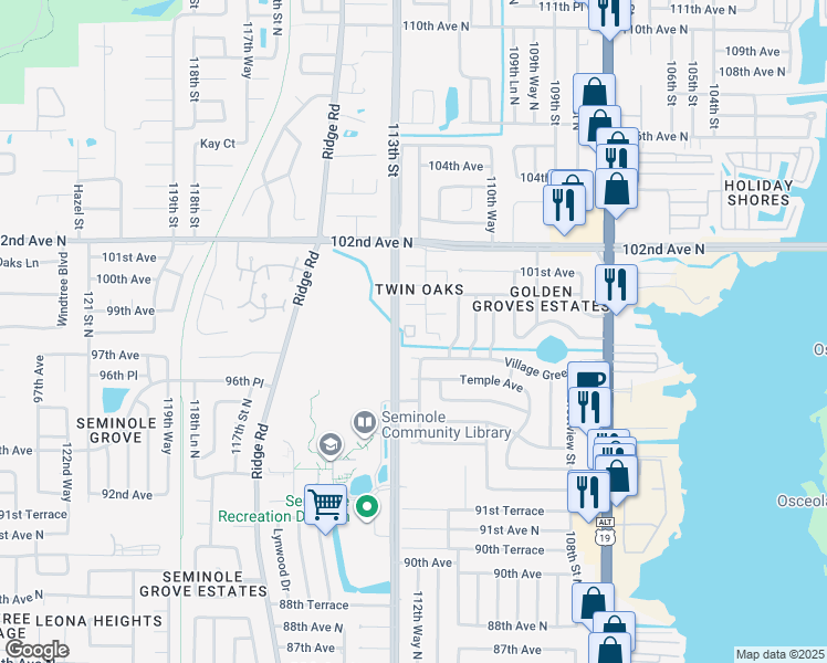 map of restaurants, bars, coffee shops, grocery stores, and more near 9851 113th Street in Seminole