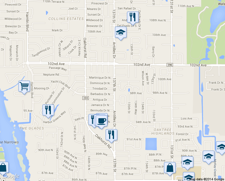 map of restaurants, bars, coffee shops, grocery stores, and more near 13710 Trinidad Drive in Seminole
