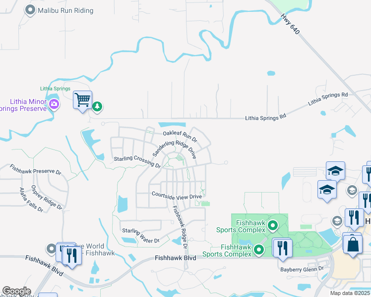 map of restaurants, bars, coffee shops, grocery stores, and more near 5022 Sanderling Ridge Drive in Lithia