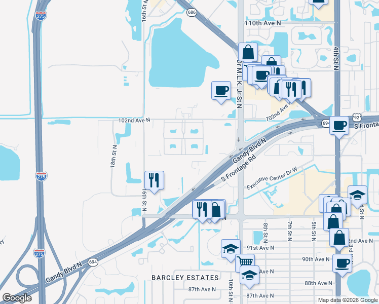 map of restaurants, bars, coffee shops, grocery stores, and more near 9951 12th Way North in St. Petersburg
