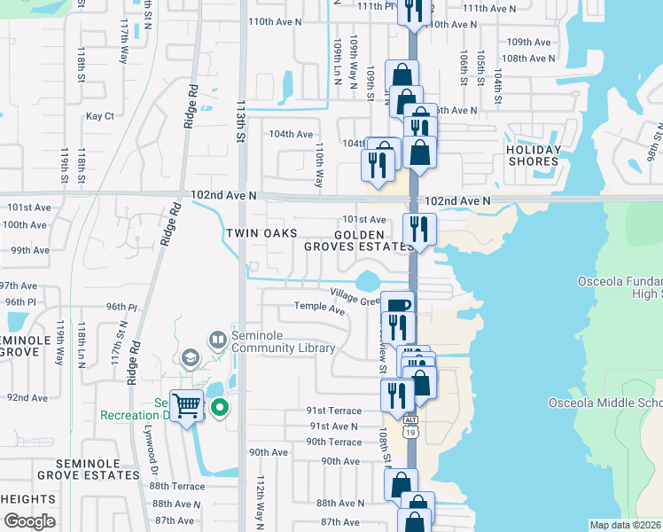 map of restaurants, bars, coffee shops, grocery stores, and more near 9940 110th Street in Seminole