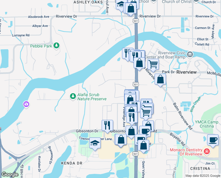 map of restaurants, bars, coffee shops, grocery stores, and more near 10416 Lost Boys Lane in Riverview