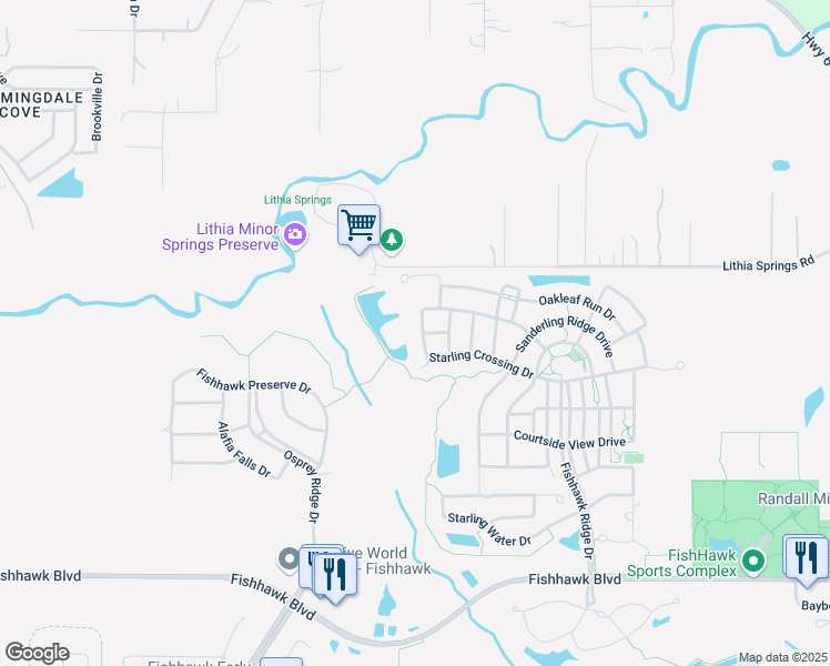 map of restaurants, bars, coffee shops, grocery stores, and more near 15439 Starling Crossing Drive in Lithia