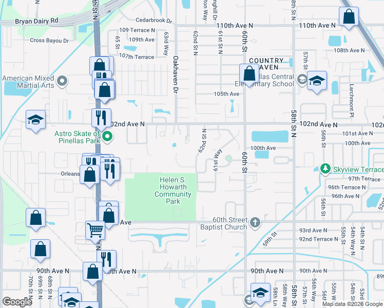 map of restaurants, bars, coffee shops, grocery stores, and more near 9950 62nd Street North in Pinellas Park