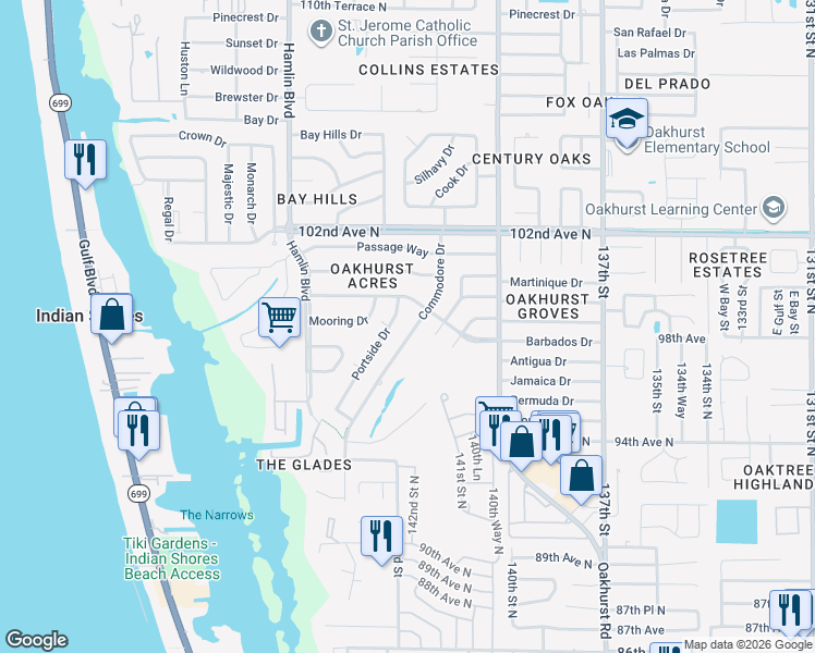 map of restaurants, bars, coffee shops, grocery stores, and more near 9832 Commodore Drive in Seminole