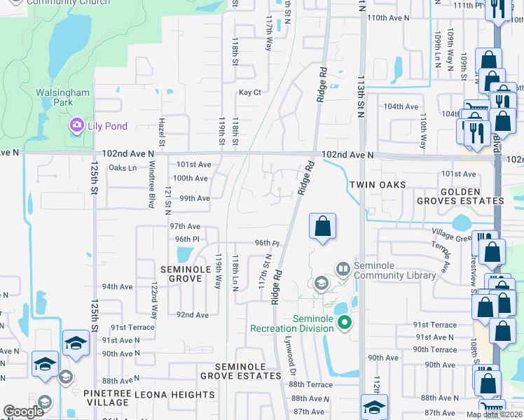 map of restaurants, bars, coffee shops, grocery stores, and more near 9807 Ashley Drive in Seminole