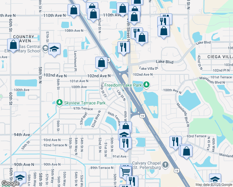 map of restaurants, bars, coffee shops, grocery stores, and more near 5102 Iris Drive in Pinellas Park