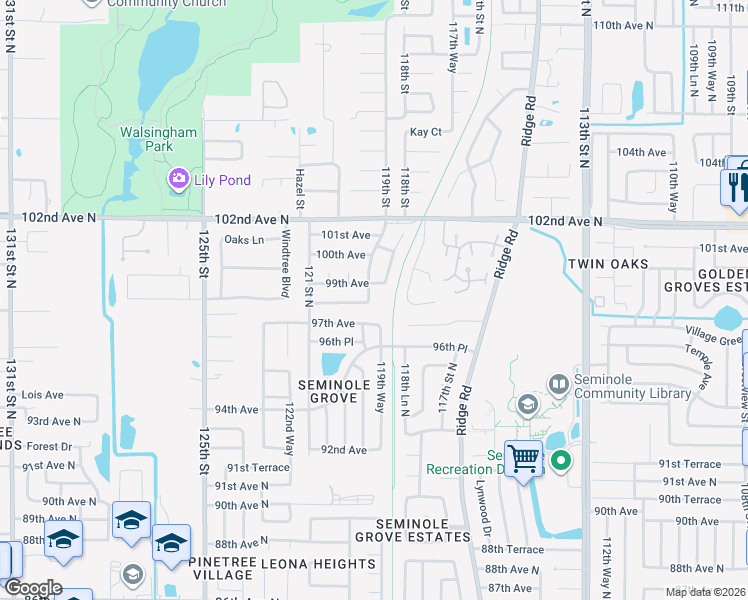 map of restaurants, bars, coffee shops, grocery stores, and more near 9839 119th Way in Seminole