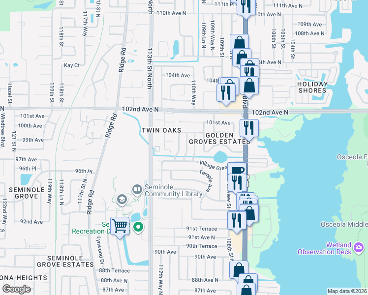 map of restaurants, bars, coffee shops, grocery stores, and more near 9832 111th Street North in Seminole