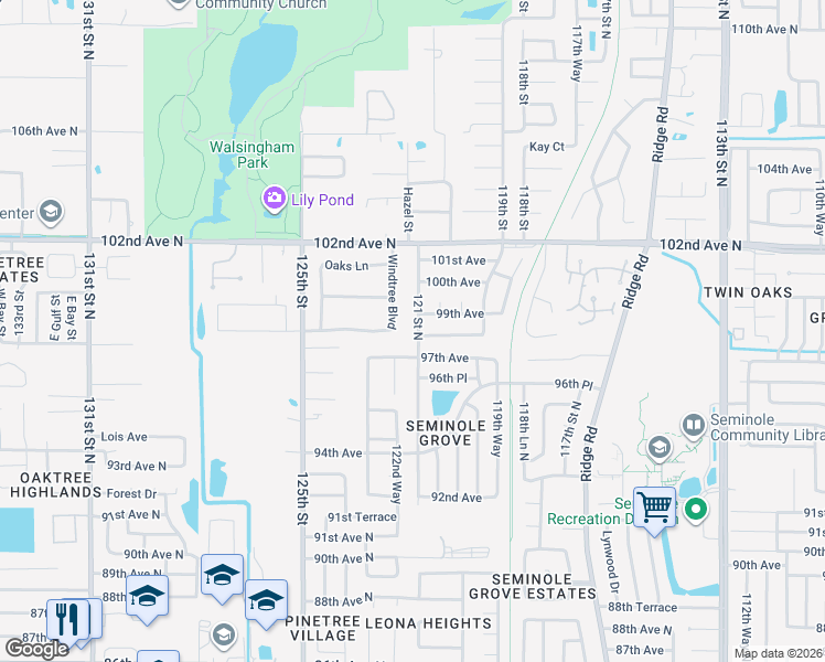 map of restaurants, bars, coffee shops, grocery stores, and more near 9820 121 Street North in Seminole