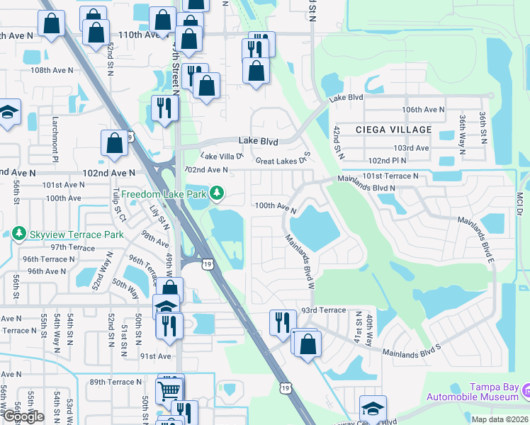 map of restaurants, bars, coffee shops, grocery stores, and more near 4475 99th Avenue in Pinellas Park