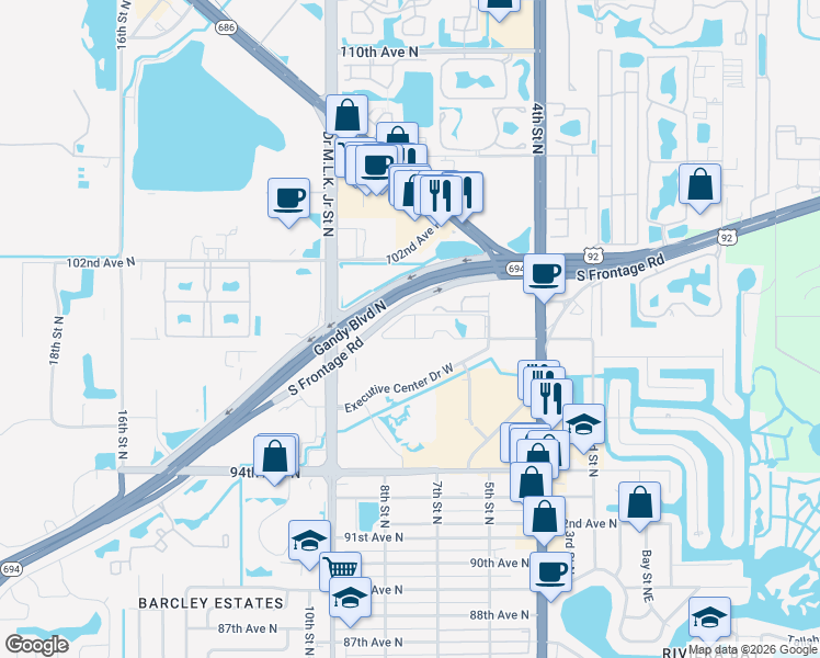 map of restaurants, bars, coffee shops, grocery stores, and more near 9940 7th Way North in St. Petersburg