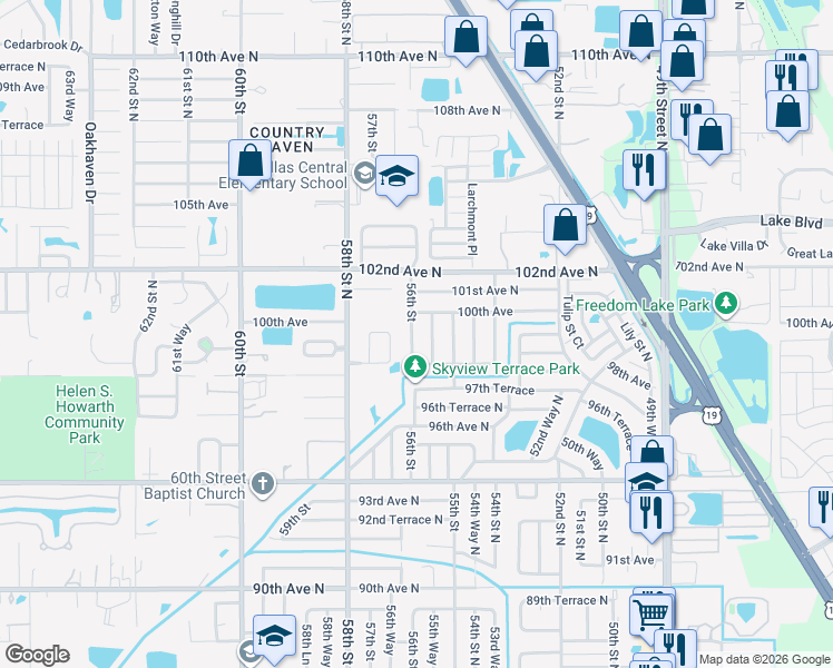 map of restaurants, bars, coffee shops, grocery stores, and more near 9901 56th Street in Pinellas Park