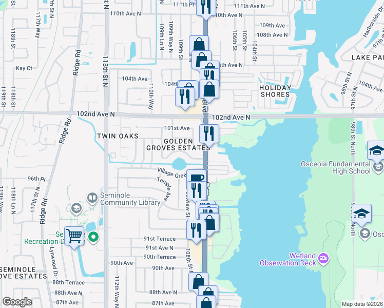 map of restaurants, bars, coffee shops, grocery stores, and more near 10799 99th Place North in Seminole