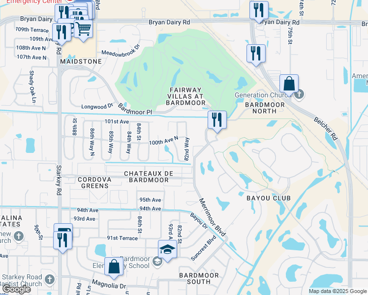 map of restaurants, bars, coffee shops, grocery stores, and more near 9912 82nd Street in Seminole