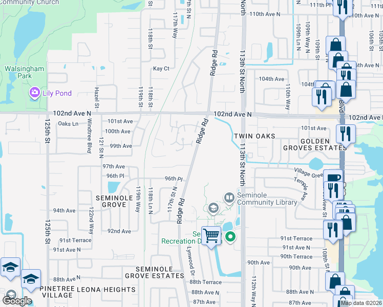 map of restaurants, bars, coffee shops, grocery stores, and more near 10016 Ridge Road in Seminole