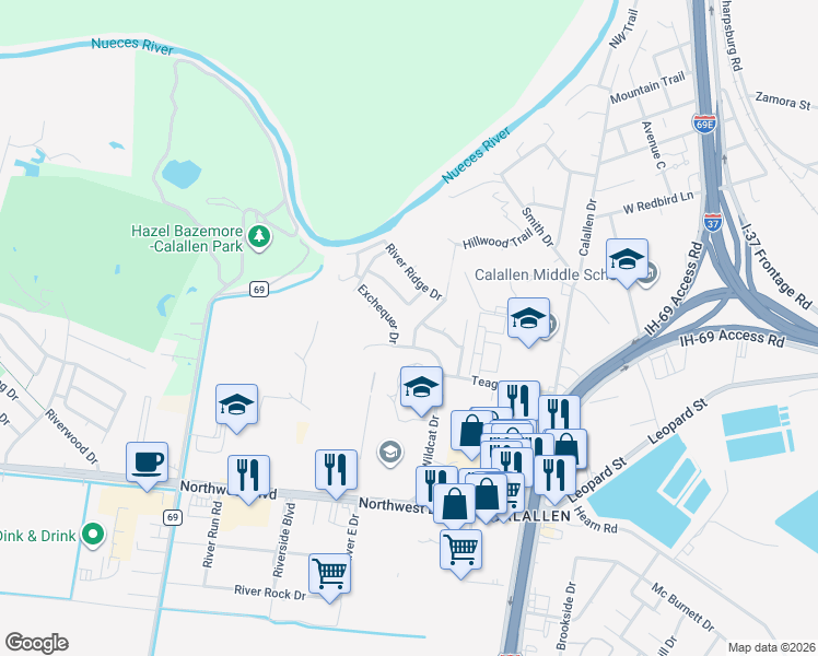 map of restaurants, bars, coffee shops, grocery stores, and more near 4309 Rolling Ridge Drive in Corpus Christi