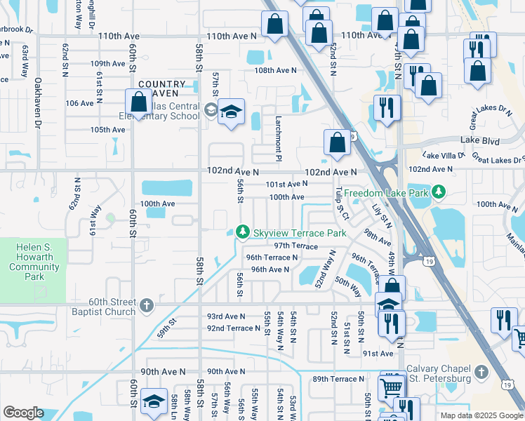 map of restaurants, bars, coffee shops, grocery stores, and more near 9900 55th Street North in Pinellas Park