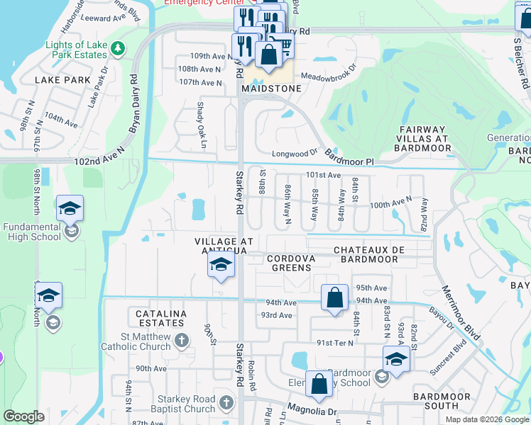 map of restaurants, bars, coffee shops, grocery stores, and more near 9921 88th Street in Seminole