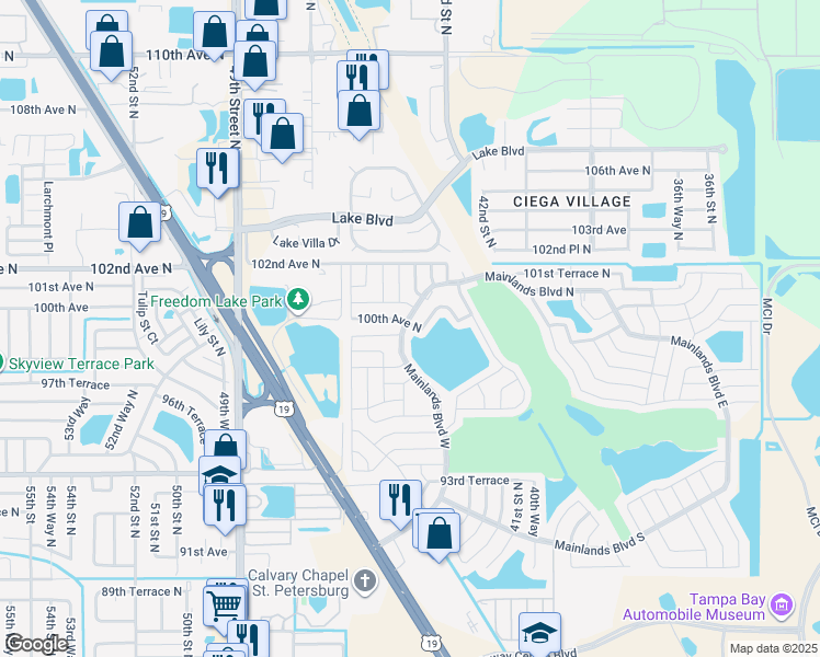 map of restaurants, bars, coffee shops, grocery stores, and more near 9905 Mainlands Boulevard North in Pinellas Park