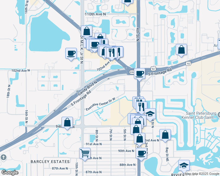 map of restaurants, bars, coffee shops, grocery stores, and more near 657 99th Avenue North in St. Petersburg
