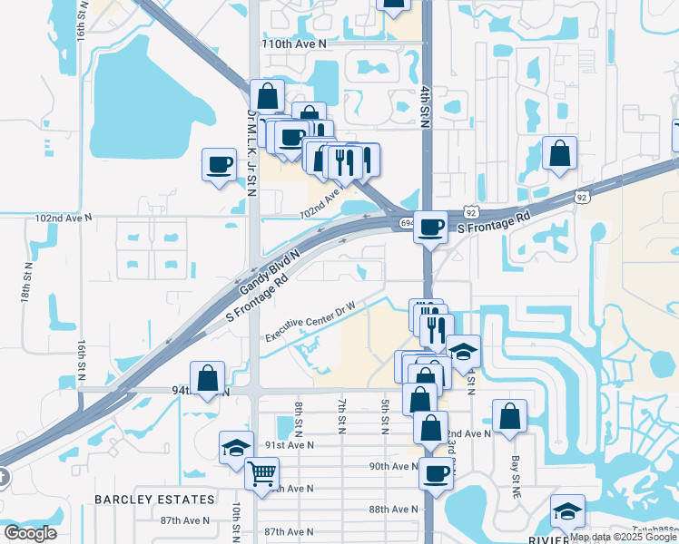 map of restaurants, bars, coffee shops, grocery stores, and more near 657 99th Avenue North in St. Petersburg