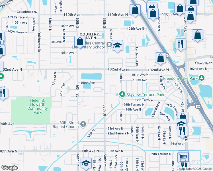 map of restaurants, bars, coffee shops, grocery stores, and more near 9943 57th Way in Pinellas Park