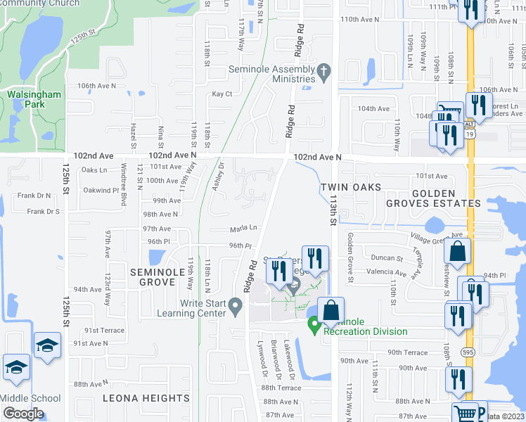 map of restaurants, bars, coffee shops, grocery stores, and more near 10016 Ridge Road in Seminole