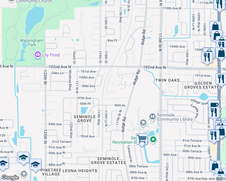 map of restaurants, bars, coffee shops, grocery stores, and more near 9807 Ashley Drive in Seminole