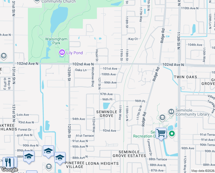 map of restaurants, bars, coffee shops, grocery stores, and more near 12085 98th Avenue North in Seminole