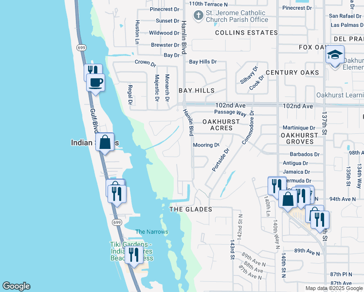 map of restaurants, bars, coffee shops, grocery stores, and more near 9718 Indian Key Trail in Seminole