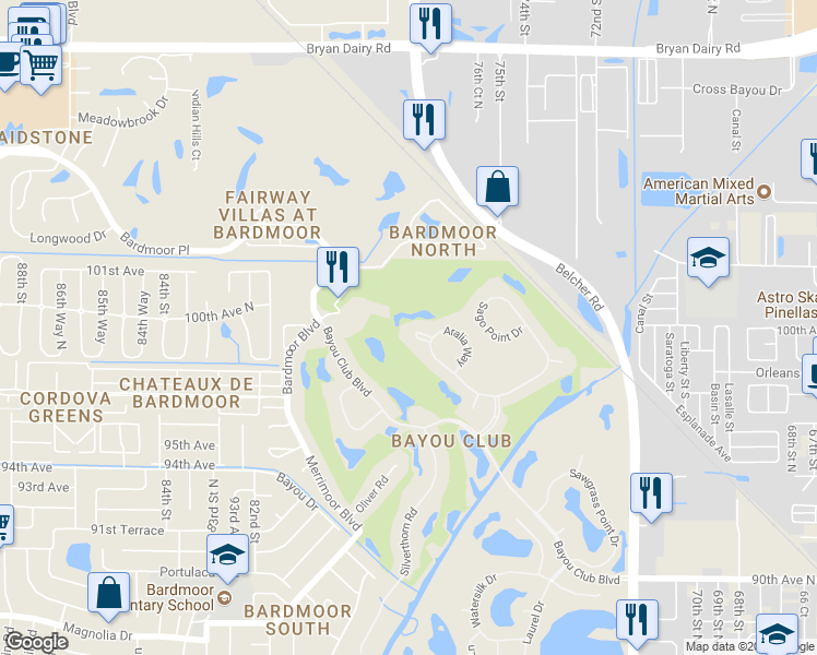 map of restaurants, bars, coffee shops, grocery stores, and more near 7791 Bent Grass Court in Seminole