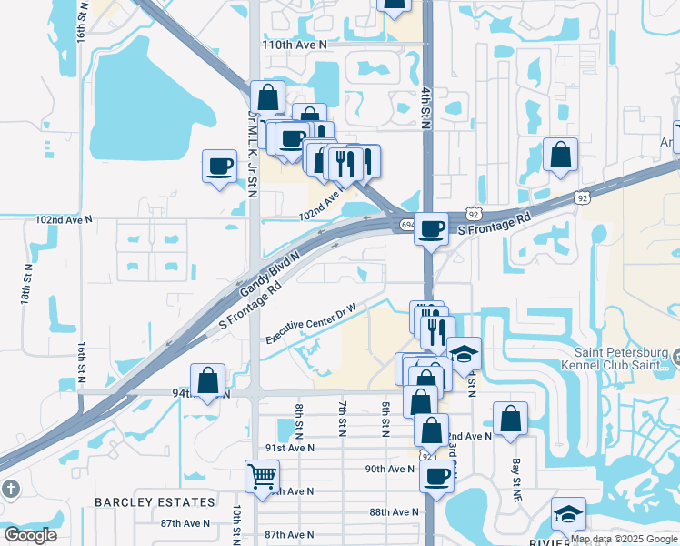 map of restaurants, bars, coffee shops, grocery stores, and more near 592 100th Avenue North in Saint Petersburg