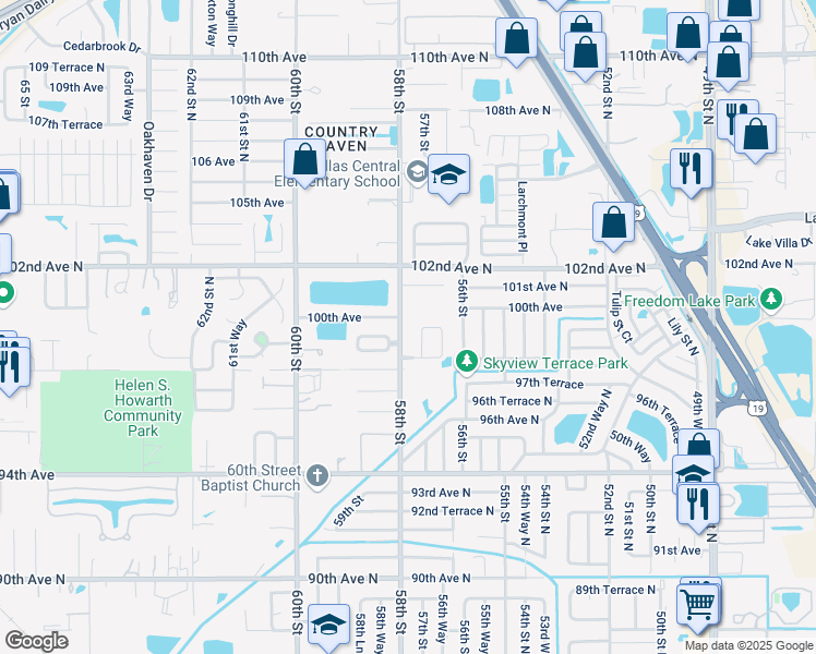 map of restaurants, bars, coffee shops, grocery stores, and more near 9943 57th Way in Pinellas Park