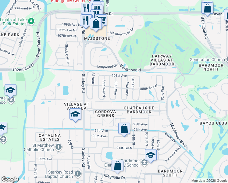 map of restaurants, bars, coffee shops, grocery stores, and more near 9944 85th Way in Largo