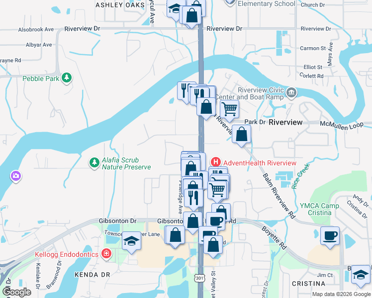 map of restaurants, bars, coffee shops, grocery stores, and more near 9308 River Rock Ln in Riverview