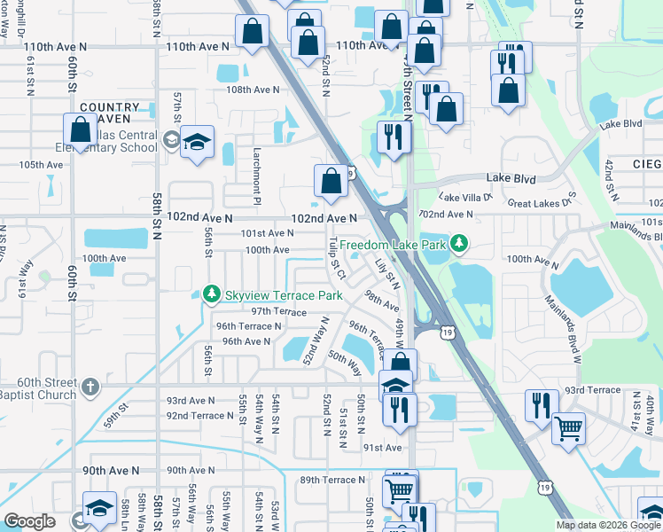 map of restaurants, bars, coffee shops, grocery stores, and more near 10002 Tulip Street Court in Pinellas Park