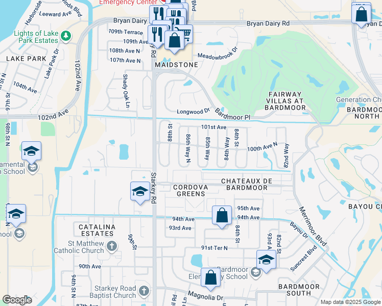 map of restaurants, bars, coffee shops, grocery stores, and more near 9949 86th Way North in Seminole