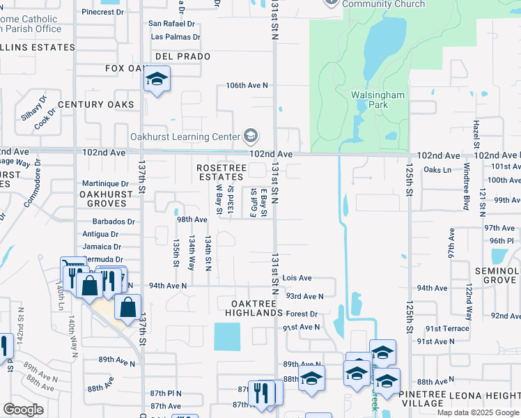 map of restaurants, bars, coffee shops, grocery stores, and more near 9848 East Bay Street in Seminole