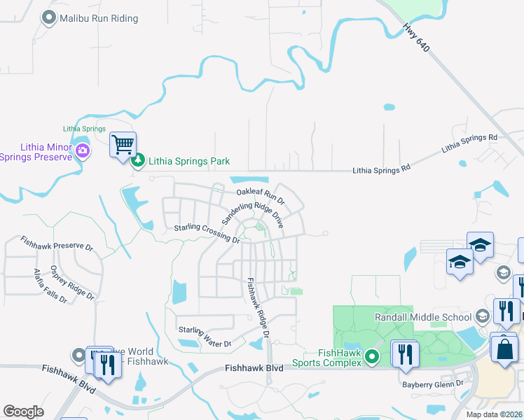 map of restaurants, bars, coffee shops, grocery stores, and more near 5022 Sanderling Ridge Drive in Lithia